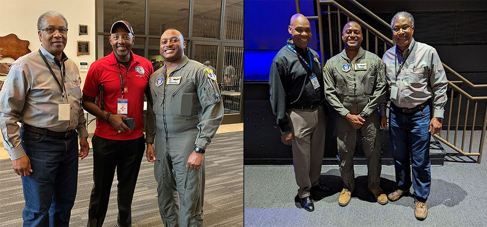 Pictured: Indy Chapter President Chris Smith, Lt. Col. Alex Carothers, Gen. Lloyd W. “Fig” Newton Chapter President, and Indy Chapter 2nd Vice President Desmond Bunnell. Lt. Bunnell was at Kirtland Air Force Base completing his check ride in the HC-130. Lt. Col. Carothers was his instructor. Second photo: Tuskegee Airmen, Inc. National President Mr. Jerry “Hawk” Burton.
